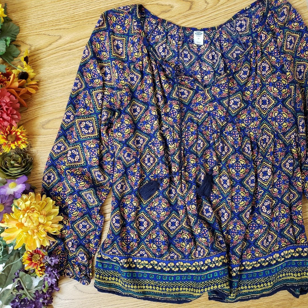Old Navy Blue Yellow Boho Flowy Tassel Top